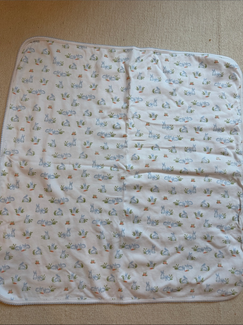 Kissy Kissy White Baby Blanket with Pastel Blue Bunny Print